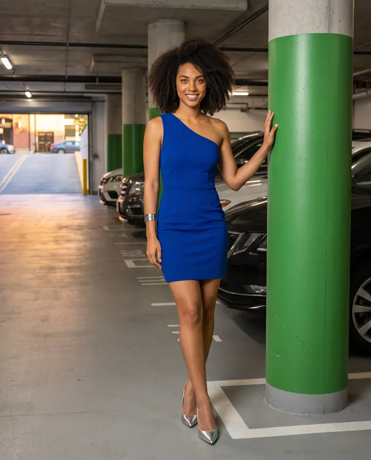 Character created for this guide: a young woman in a royal-blue dress beside a green-painted pillar in a covered parking garage